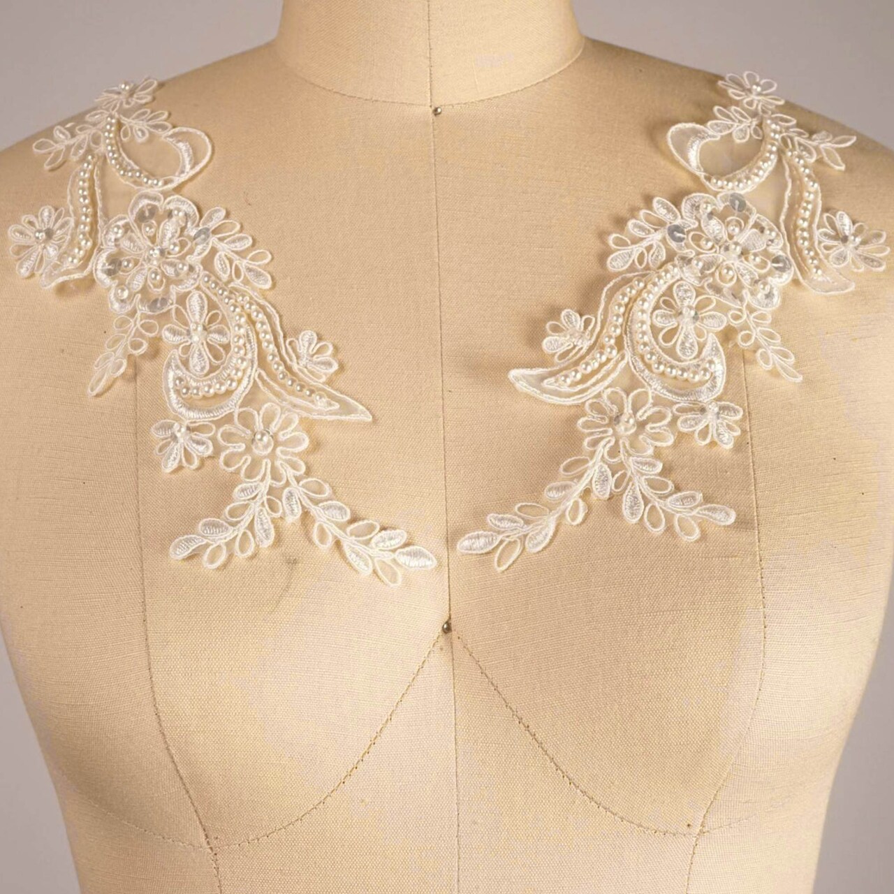 Ivory Beaded Lace Applique Patch for Bridal Gowns Veils and Accessories 8.25 Inch Single Piece